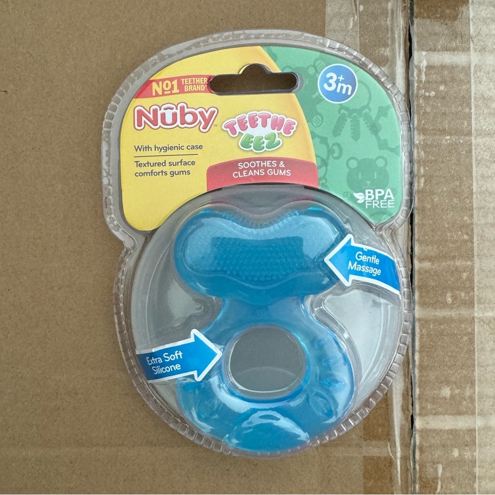 3 Nuby Silicone Teethe-EEZ Teether with Bristles, Includes Hygienic Case, Blue